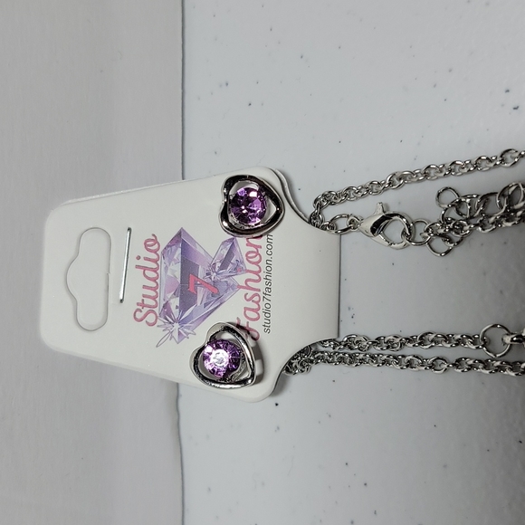 PURPLE & SILVER COLOR 💜 HEART 3PC SET NECKLACE,BRACELET & EARRINGS - Picture 2 of 4